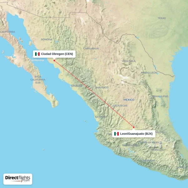 Ciudad Obregon - Leon/Guanajuato direct flight map