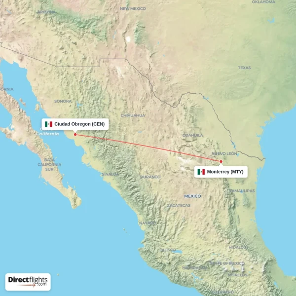 Ciudad Obregon - Monterrey direct flight map