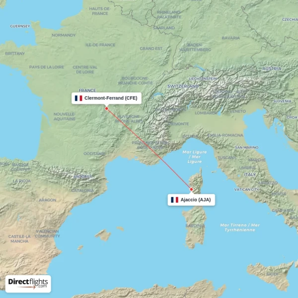 Clermont-Ferrand - Ajaccio direct flight map