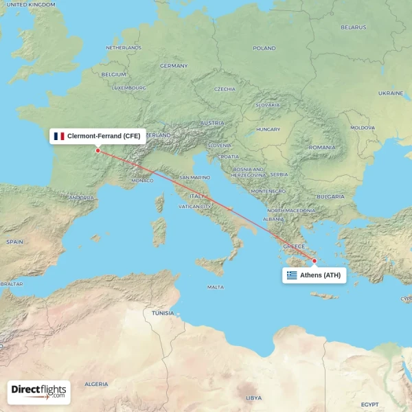 Clermont-Ferrand - Athens direct flight map