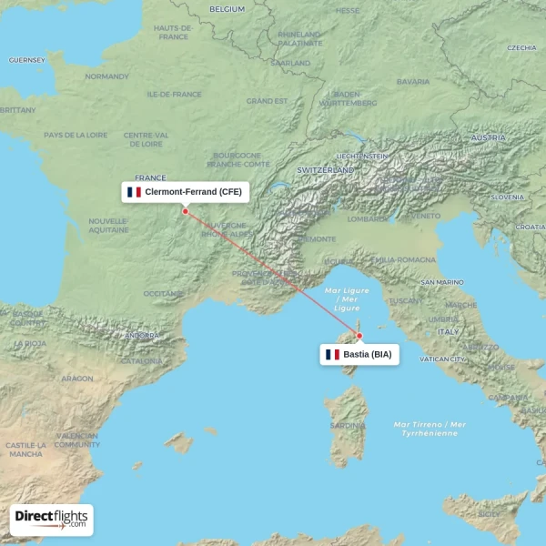 Clermont-Ferrand - Bastia direct flight map