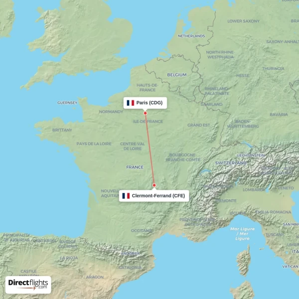 Clermont-Ferrand - Paris direct flight map