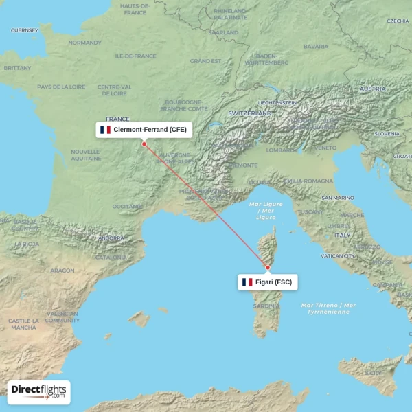 Clermont-Ferrand - Figari direct flight map