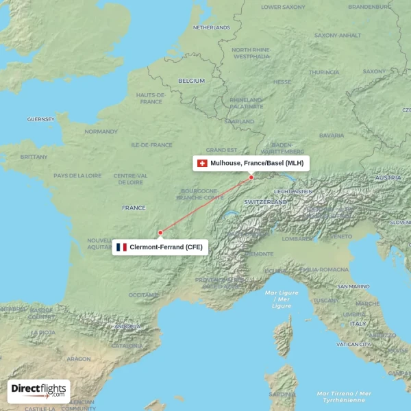Clermont-Ferrand - Mulhouse, France/Basel direct flight map