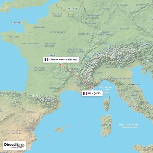 Clermont-Ferrand - Nice direct flight map