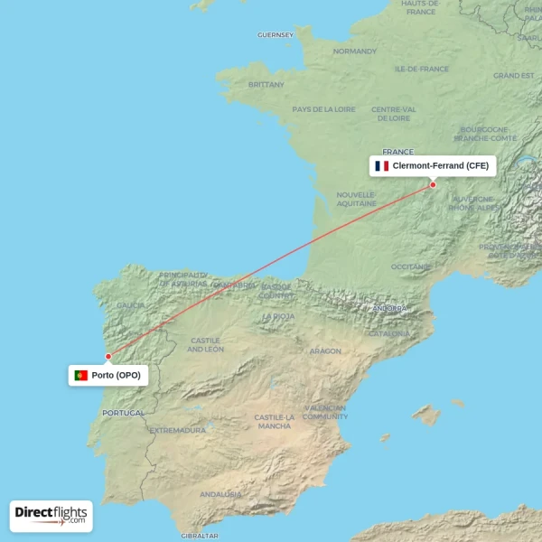 Clermont-Ferrand - Porto direct flight map