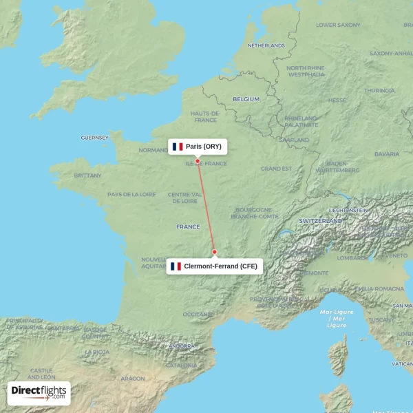Clermont-Ferrand - Paris direct flight map