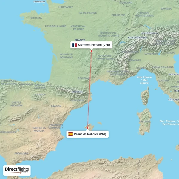Clermont-Ferrand - Palma de Mallorca direct flight map