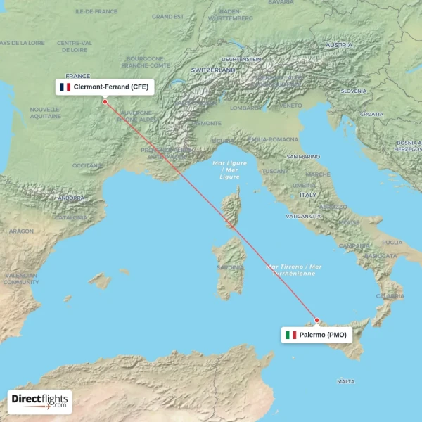 Clermont-Ferrand - Palermo direct flight map