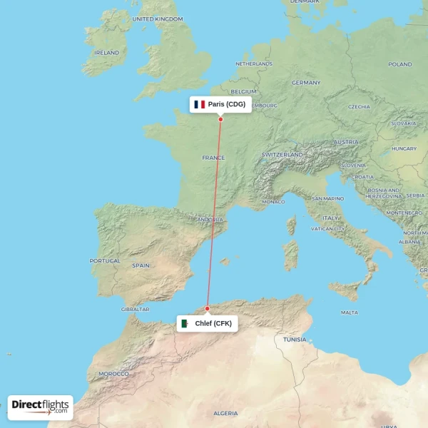 Chlef - Paris direct flight map