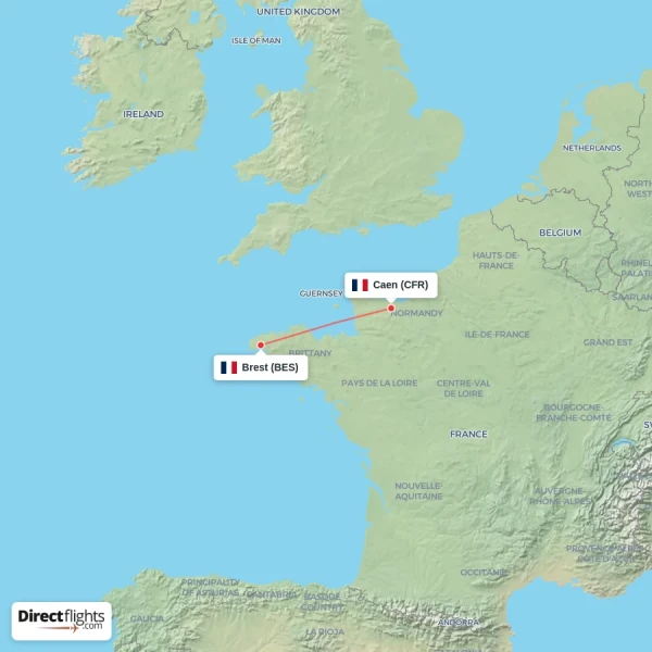 Caen - Brest direct flight map