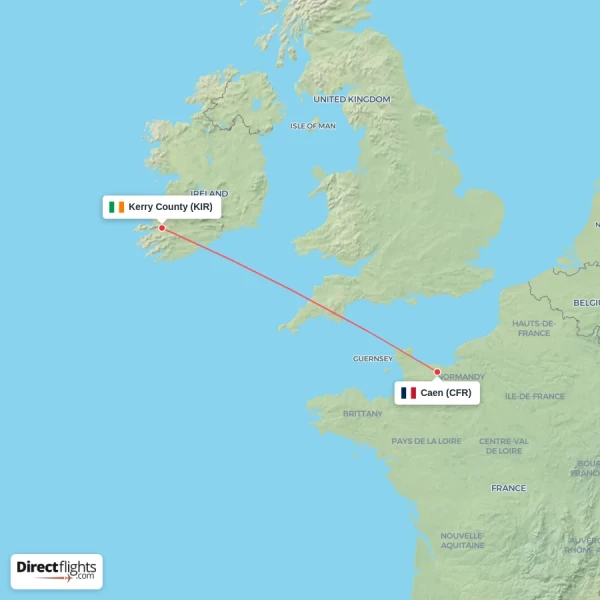 Caen - Kerry County direct flight map