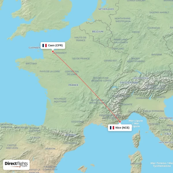 Caen - Nice direct flight map