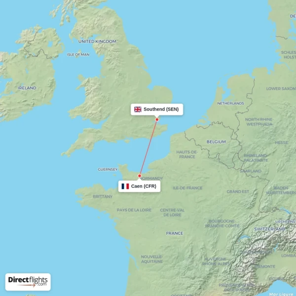 Caen - Southend direct flight map