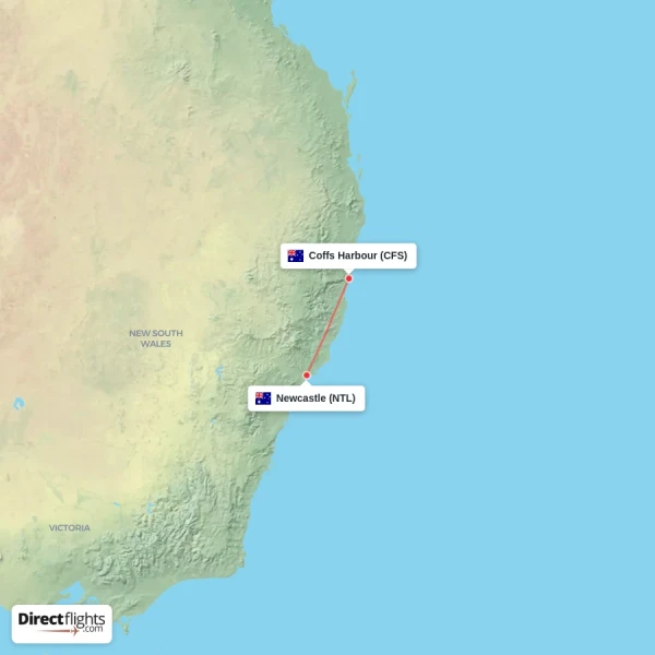 Coffs Harbour - Newcastle direct flight map