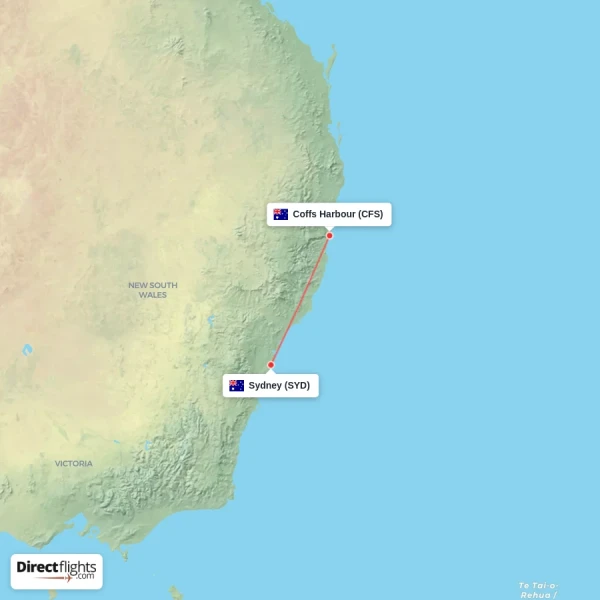 Coffs Harbour - Sydney direct flight map