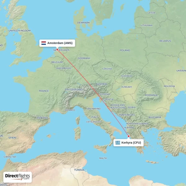 Kerkyra - Amsterdam direct flight map