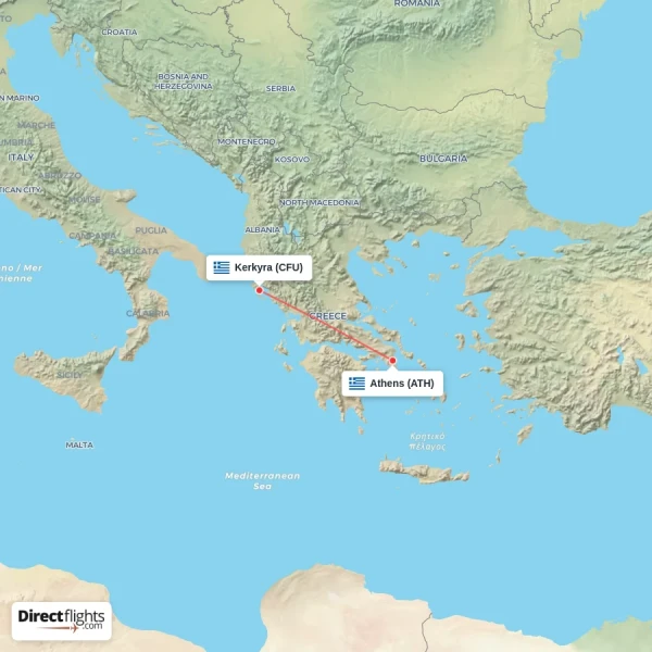 Kerkyra - Athens direct flight map