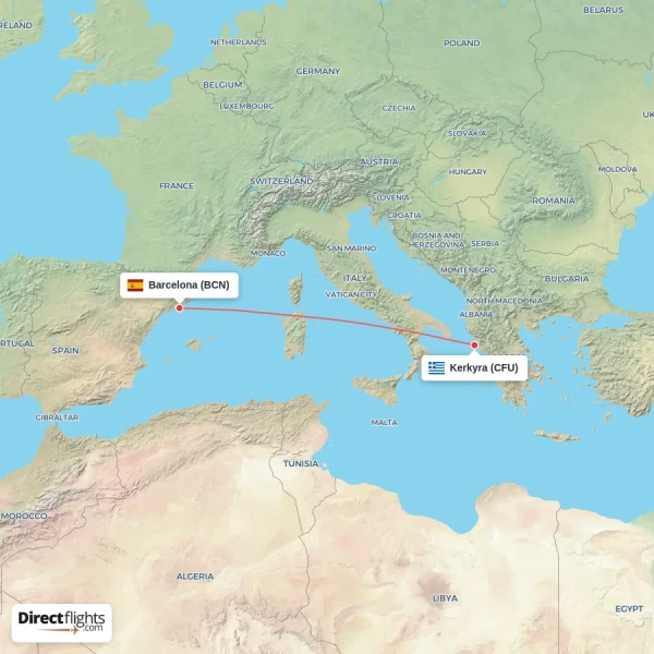 Kerkyra - Barcelona direct flight map