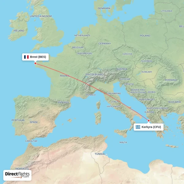Kerkyra - Brest direct flight map