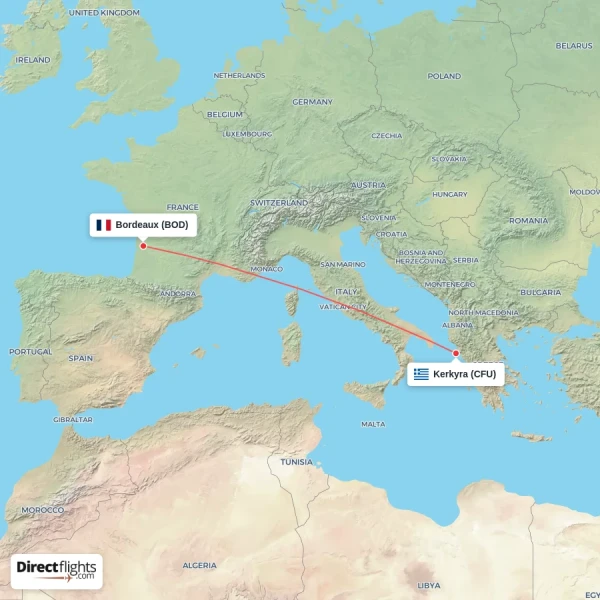 Kerkyra - Bordeaux direct flight map