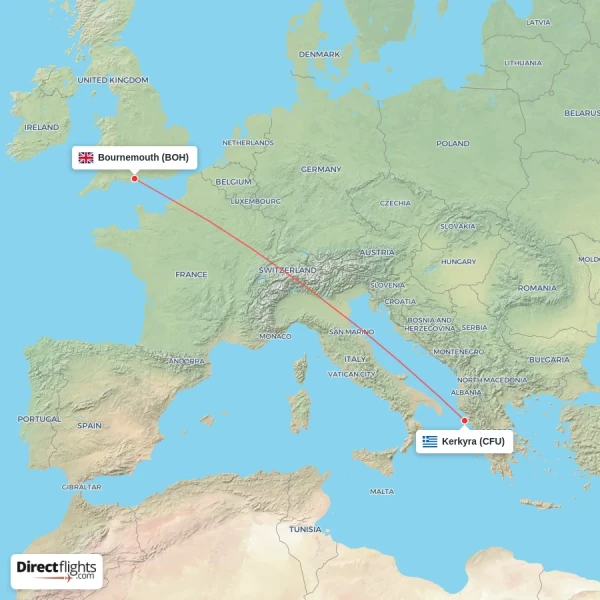 Kerkyra - Bournemouth direct flight map