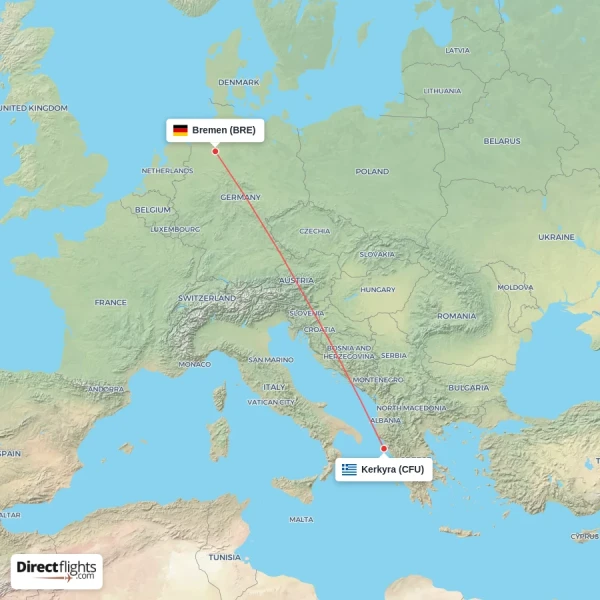 Kerkyra - Bremen direct flight map