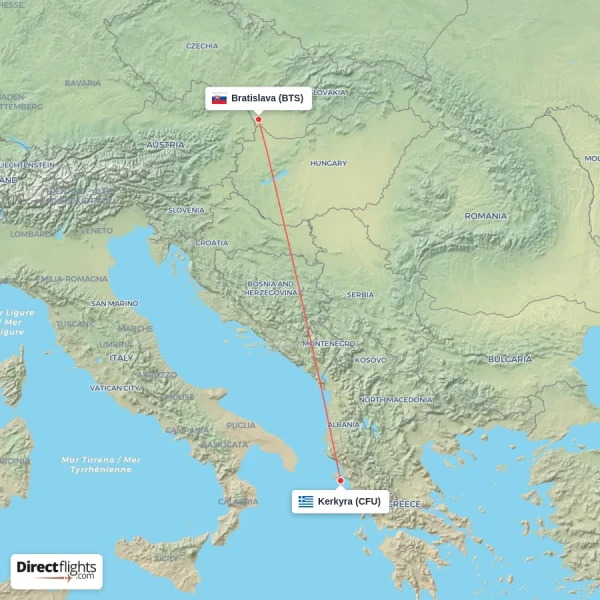 Kerkyra - Bratislava direct flight map