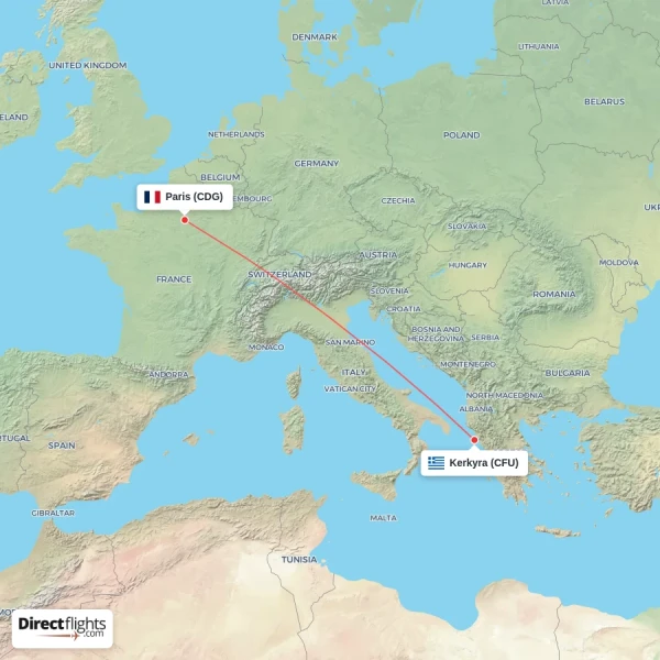 Kerkyra - Paris direct flight map