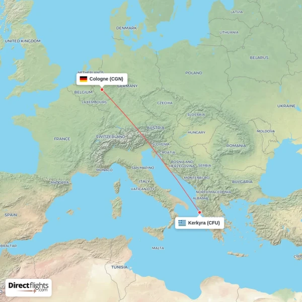 Kerkyra - Cologne direct flight map