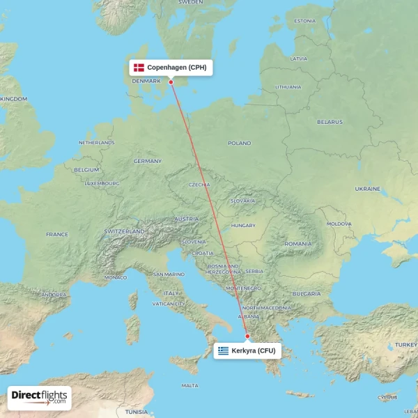 Kerkyra - Copenhagen direct flight map