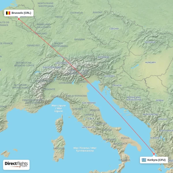 Kerkyra - Brussels direct flight map