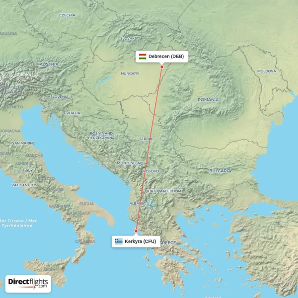Kerkyra - Debrecen direct flight map