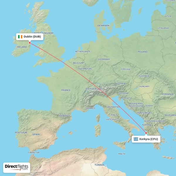 Kerkyra - Dublin direct flight map
