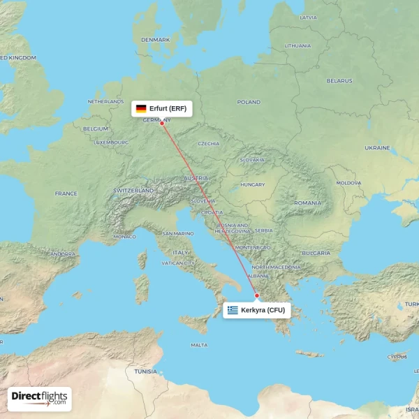Kerkyra - Erfurt direct flight map