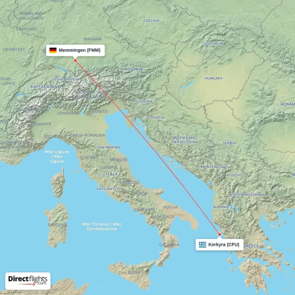 Kerkyra - Memmingen direct flight map
