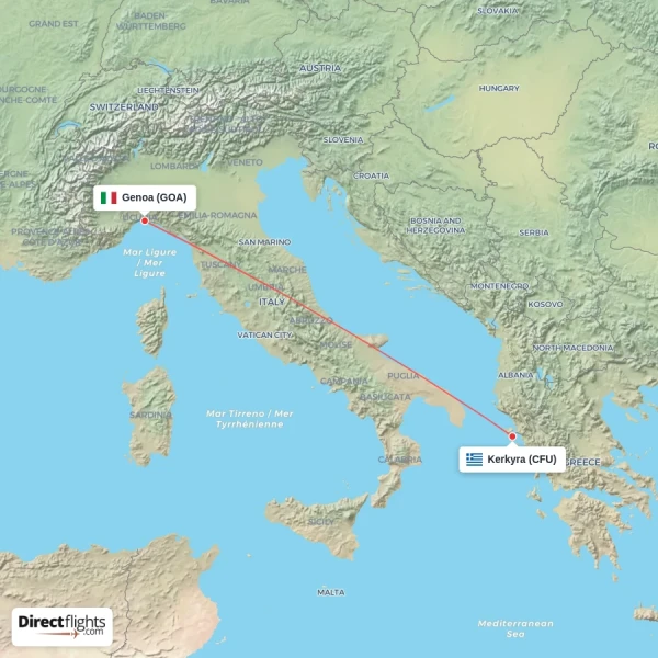 Kerkyra - Genoa direct flight map