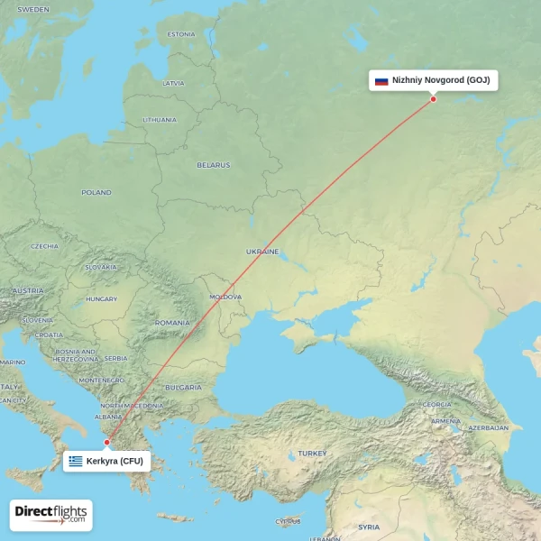 Kerkyra - Nizhniy Novgorod direct flight map
