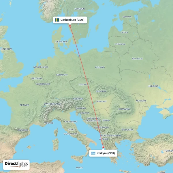 Kerkyra - Gothenburg direct flight map