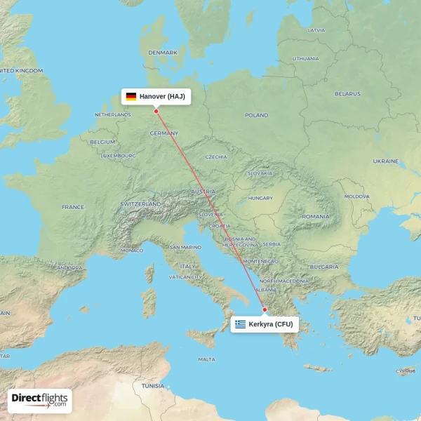 Kerkyra - Hanover direct flight map