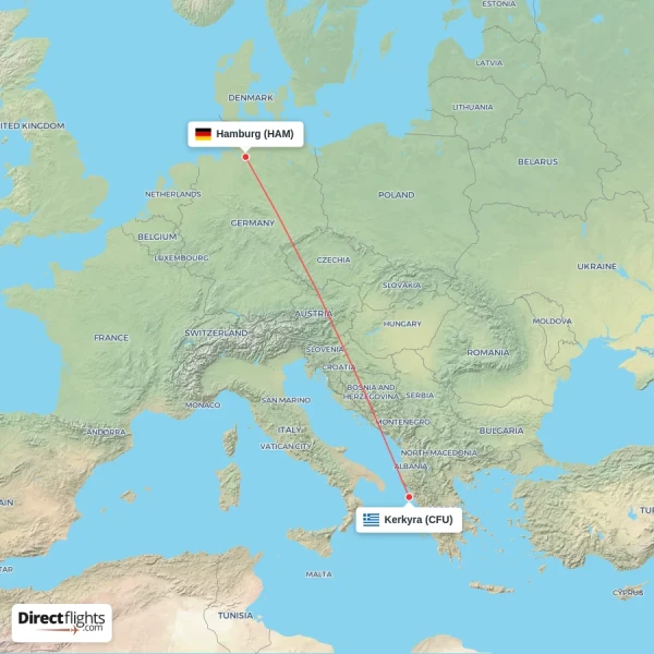 Kerkyra - Hamburg direct flight map