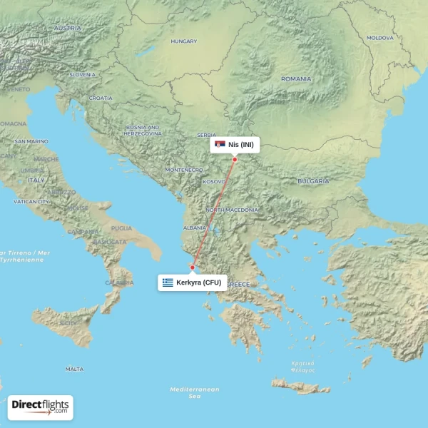 Kerkyra - Nis direct flight map