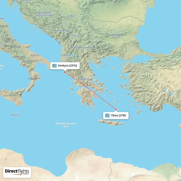Kerkyra - Thira direct flight map