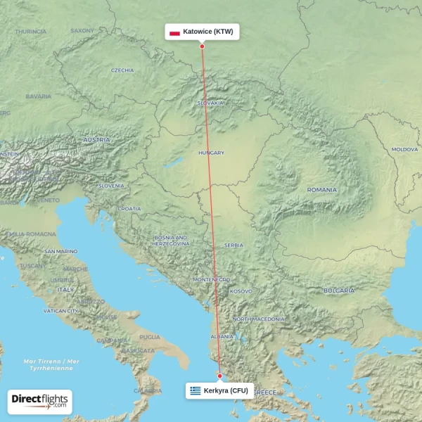 Kerkyra - Katowice direct flight map