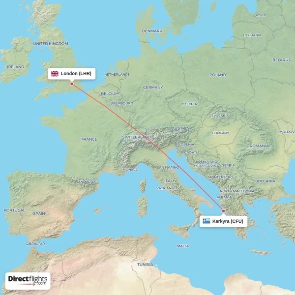 Kerkyra - London direct flight map