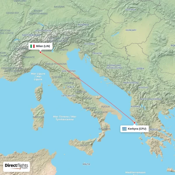 Kerkyra - Milan direct flight map
