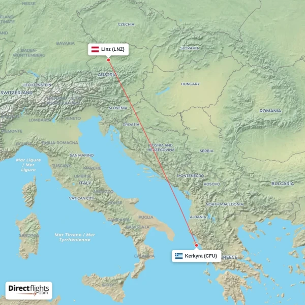 Kerkyra - Linz direct flight map