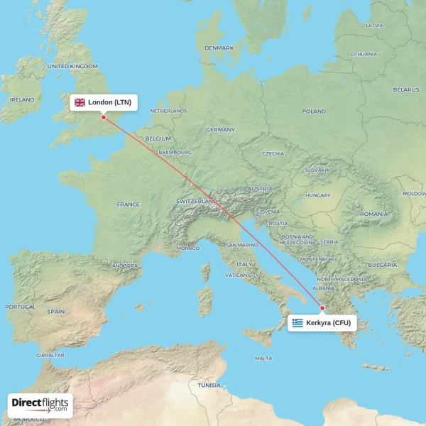 Kerkyra - London direct flight map