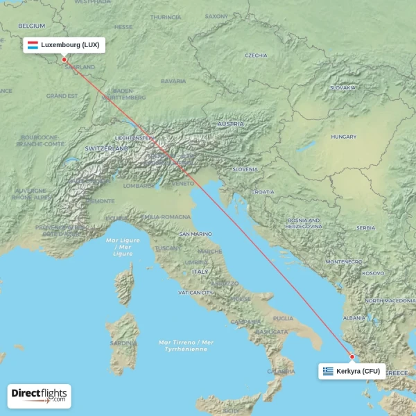 Kerkyra - Luxembourg direct flight map