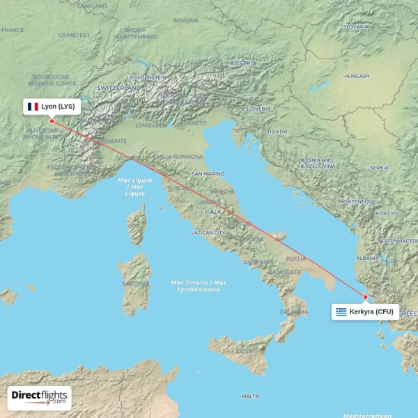 Kerkyra - Lyon direct flight map